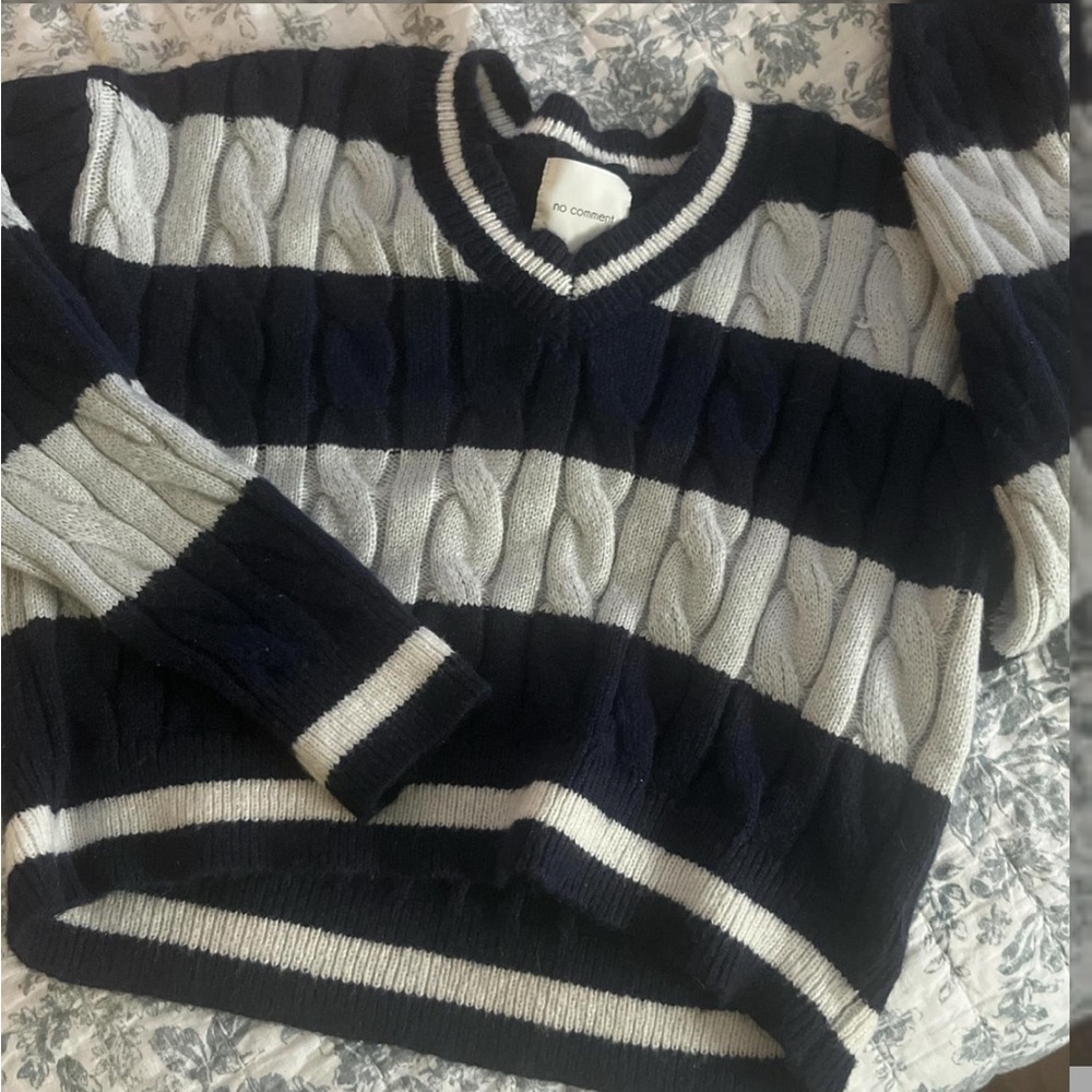 Navy and Beige V-Neck Striped Sweater with Long Sleeves
